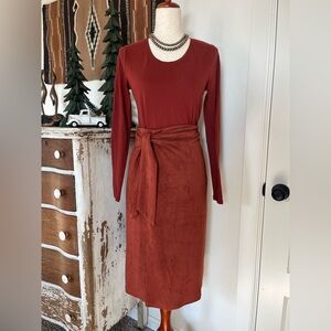 She + Sky Rust Suede Tie Midi Skirt